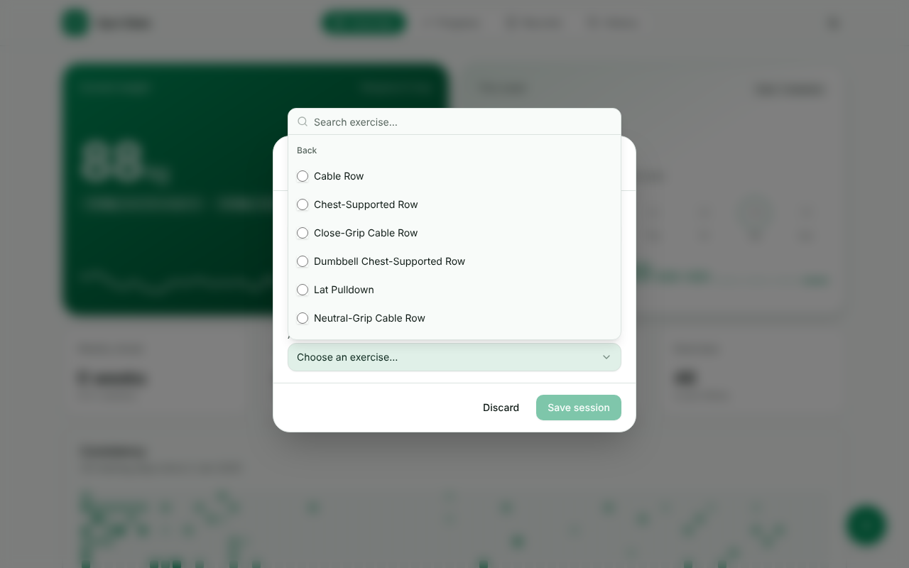 The new picker: a search box above the exercise list