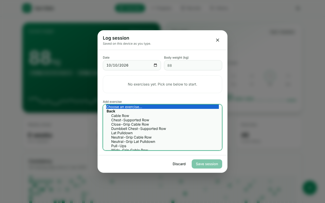 The old picker: a long native select list with every exercise